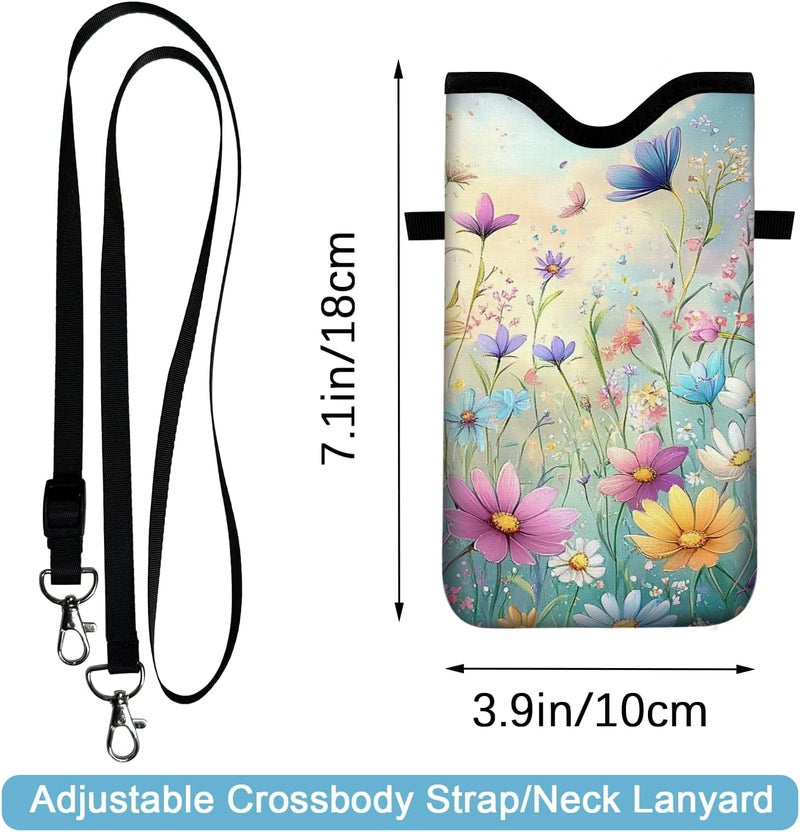 otilil Neoprene Cell Phone Sleeve Pouch Case Bag with Crossbody Strap Neck Lanyard for Women 7.1 X 3.9 in Colorful Flowers - Image 2
